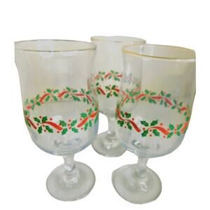 Vintage Arcoroc France Christmas Holly Berries & Ribbons Glasses SET OF 3